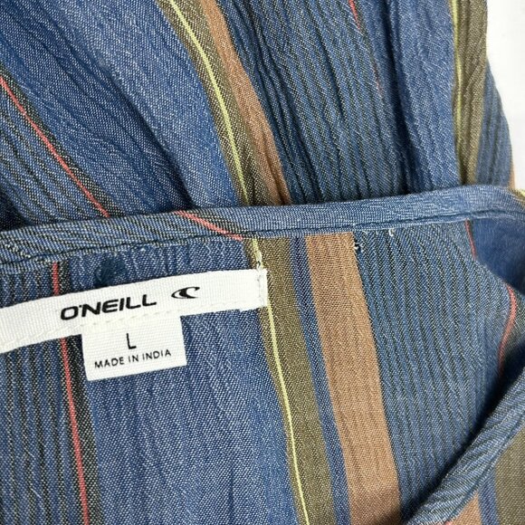 O’NEILL Rosie Top Sz L Navy Blue Striped Front Tie Balloon Sleeve Ruffle Viscose - Picture 10 of 10
